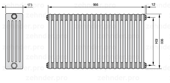 Схема (чертеж) Радиатор Zehnder Charleston 5090/21 №7610 Белый глянцевый RAL 9016